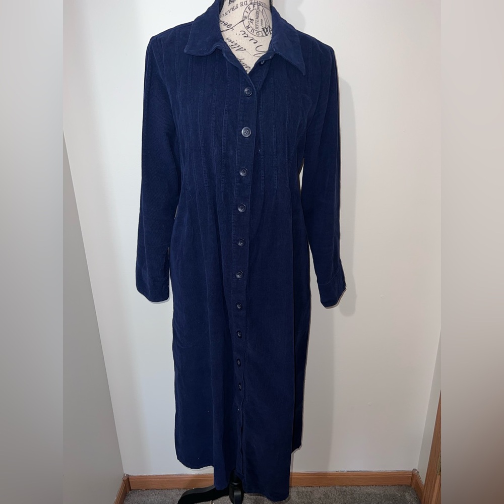 Vermont Country Store Navy Corduroy Button Front Maxi Dress L